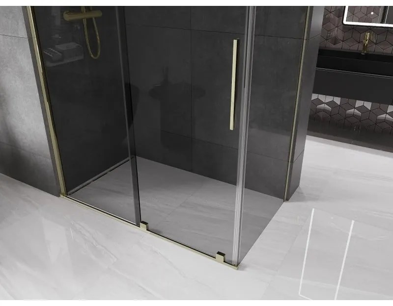 Mexen Velar, sprchový kút s posuvnými dverami 140 x 85 cm, 8mm šedé sklo, zlatá lesklá, 871-140-085-41-50