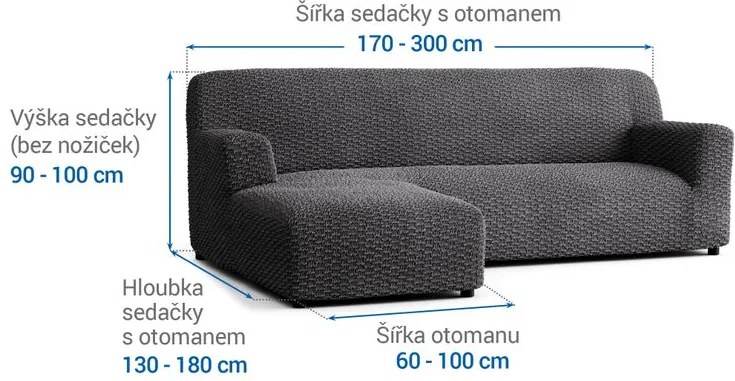 Bielastické poťahy MOSAICO tmavosivé sedačka s otomanom vľavo (š. 170 - 300 cm)