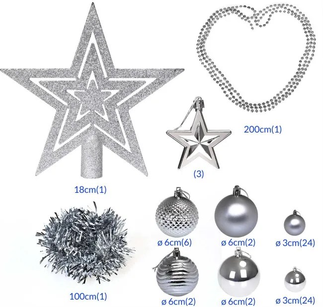 Sada vianočných závesných dekorácií ESTRELLA strieborná (66 ks)