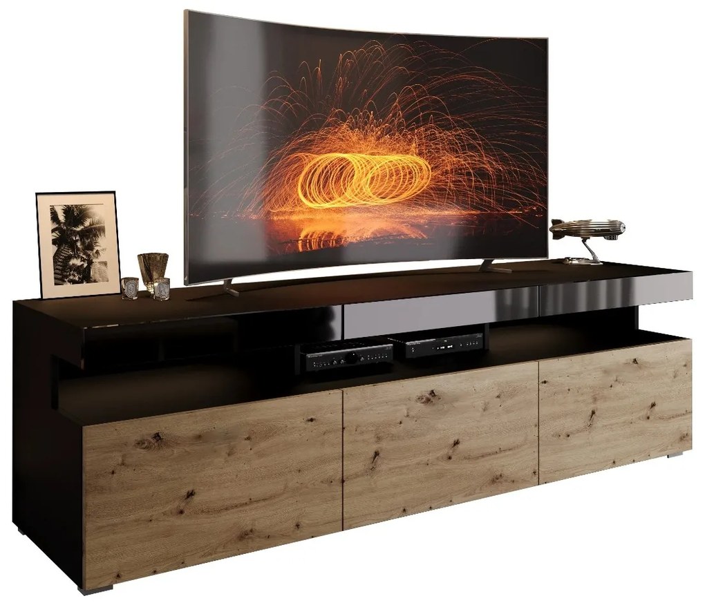 TV STOLÍK ALEX LED ČIERNY VYSOKÝ LESK + DUB ARTISAN 180 cm