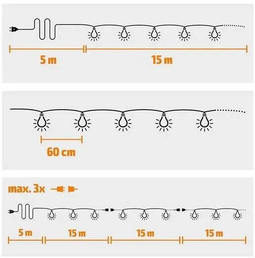 Solight LED vonkajšia reťaz s žiarovkami, 25 žiaroviek, 15m +5m, 20W, teplá biela