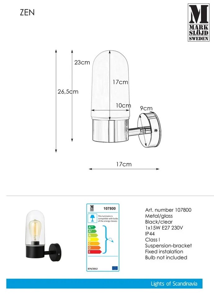 Čierne nástenné svietidlo Markslöjd Zen Wall Black Clear