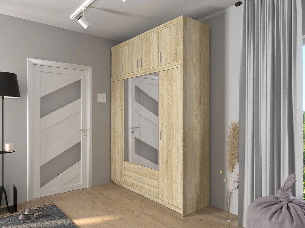 Šatníková skriňa so zrkadlom Melen 4D + nadstavec, Farby: biela