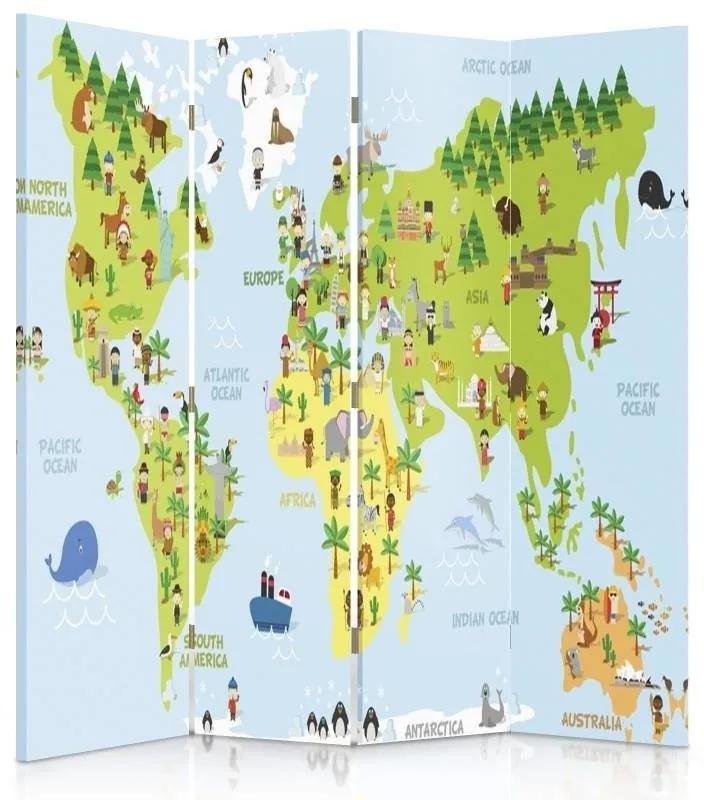 Ozdobný paraván, Mapa světa pro děti - 145x170 cm, štvordielny, obojstranný paraván 360°