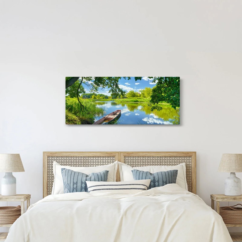 Obraz letné rieky s loďkou (120x50 cm)