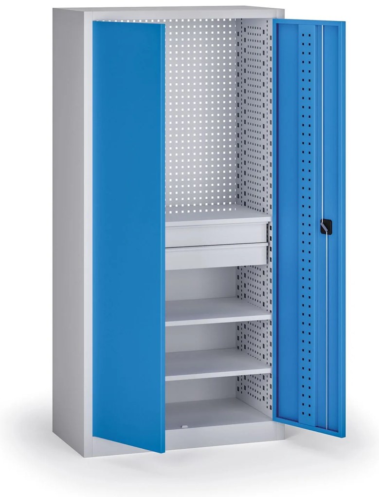 Policová dielenská skriňa 2-dverová, 3 police + 2 zásuvky, 1950 × 950 × 500 mm, modré dvere