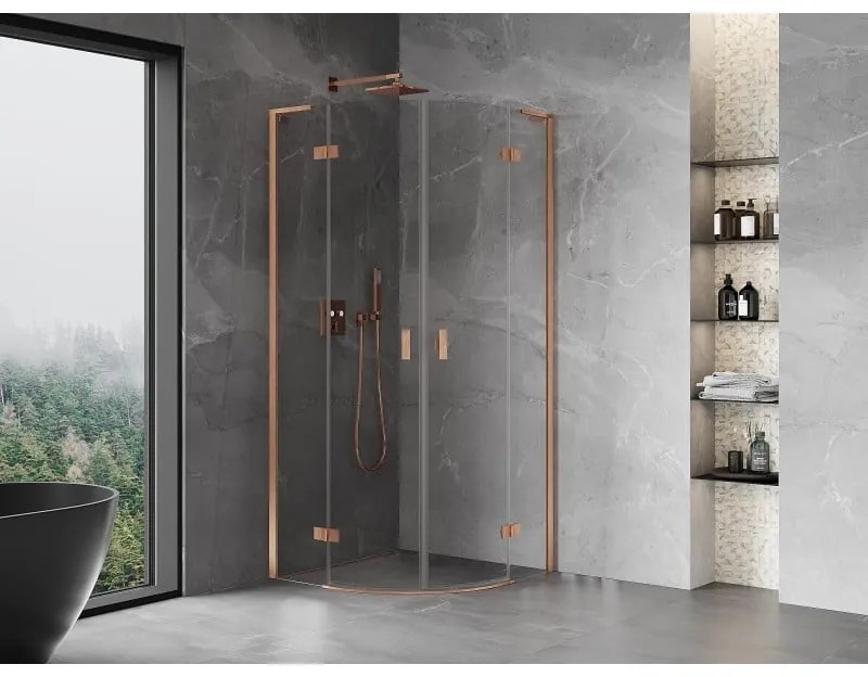 Mexen Mist L, štvrťkruhový sprchový kút s 2-krídlovými dverami, 90 x 90 cm, číre sklo, medený matný profil, 8A33L-090-090-65-00