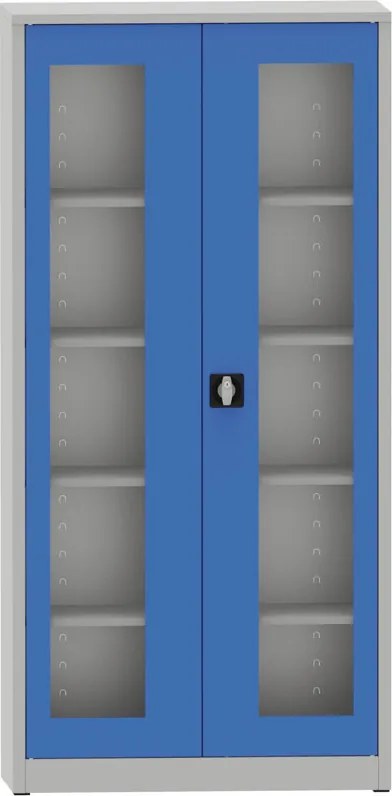 Kovona Zváraná policová skriňa s dverami s plexisklom, 1950 x 950 x 400 mm, sivá/modrá