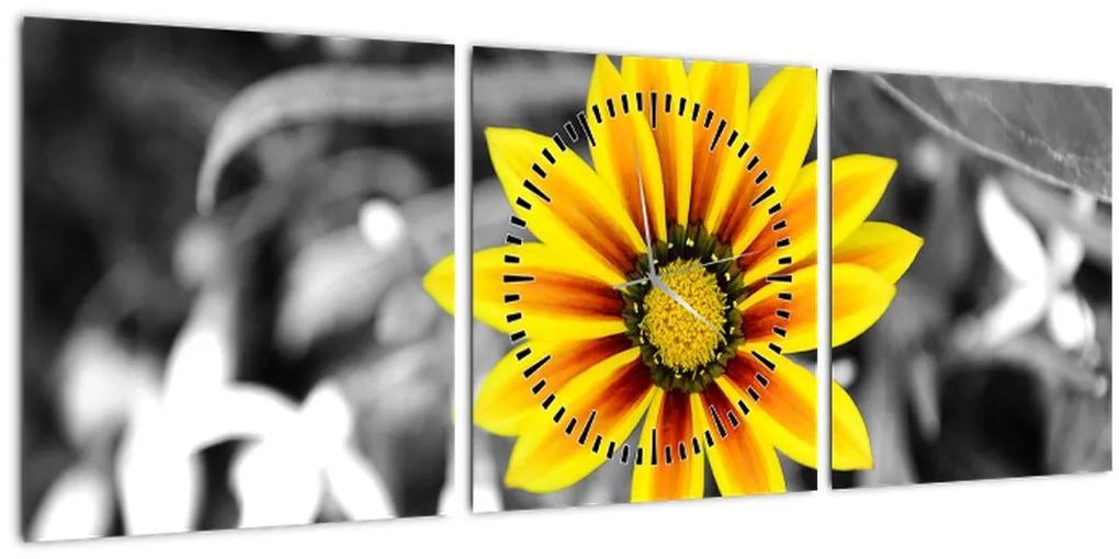 Obraz žltej kvetiny (s hodinami) (90x30 cm)