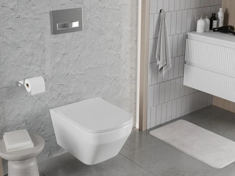 Mexen Riva, závesná WC misa 555x370x335 mm, Rimless Tornádo + WC sedadlo z duroplastu, biela lesklá, 30630200T