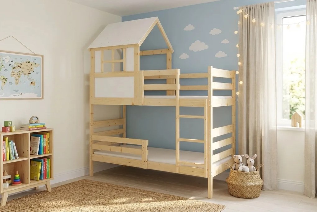 Poschodová posteľ s matracmi ERIK natural 190×90 cm borovica + domčeková nadstavba