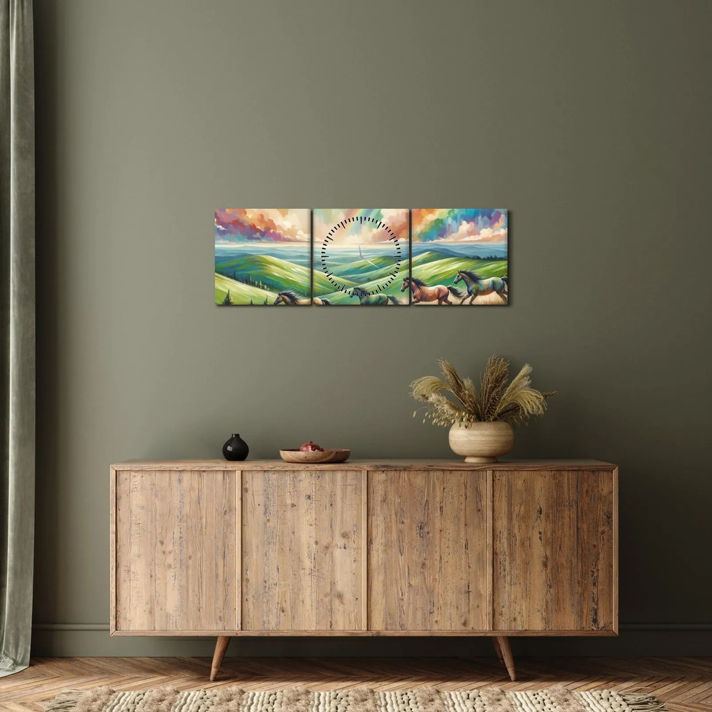 Obraz – Kone cválajúce krajinou (s hodinami) (90x30 cm)