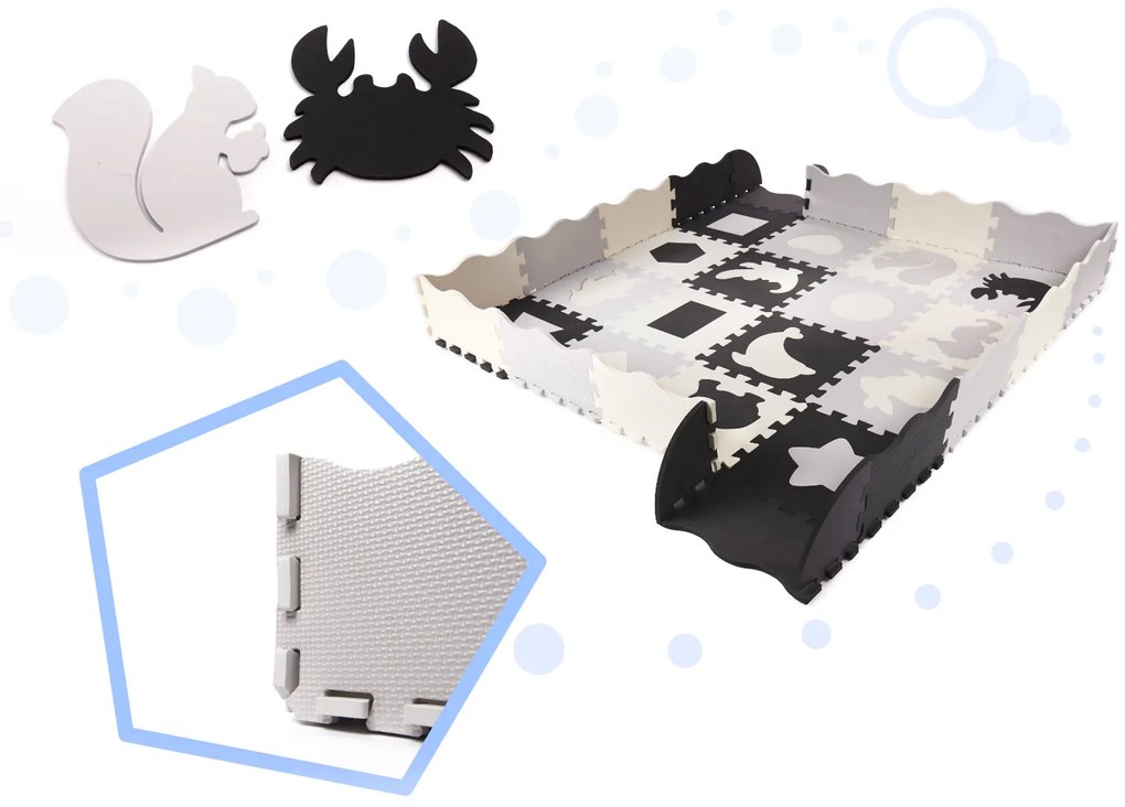 KIK Penová podložka na puzzle / ohrádka pre deti 36el. black-grey-ecru