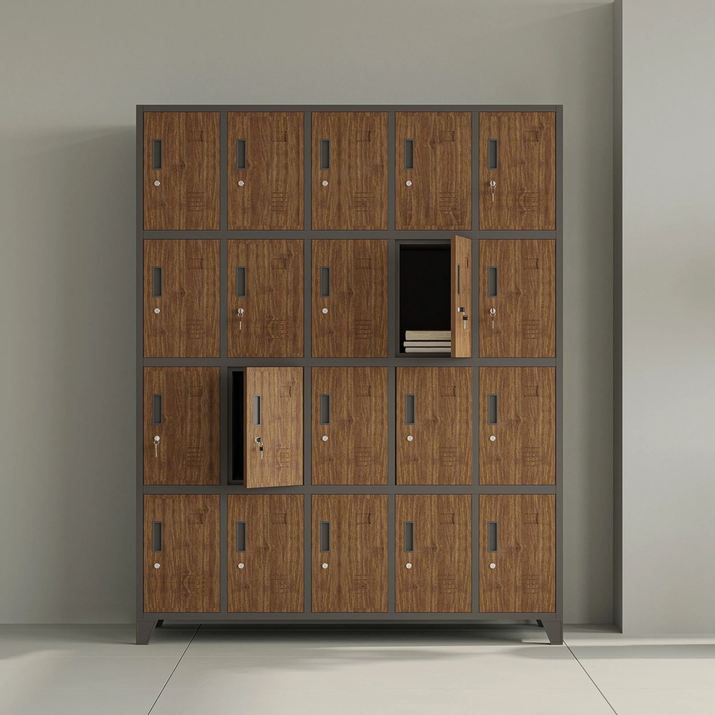 Šatňová skrinka s 20 priehradkami na nožičkách, antracitová/orechová, 1360x1720x450 mm: ROBERT Eco Design