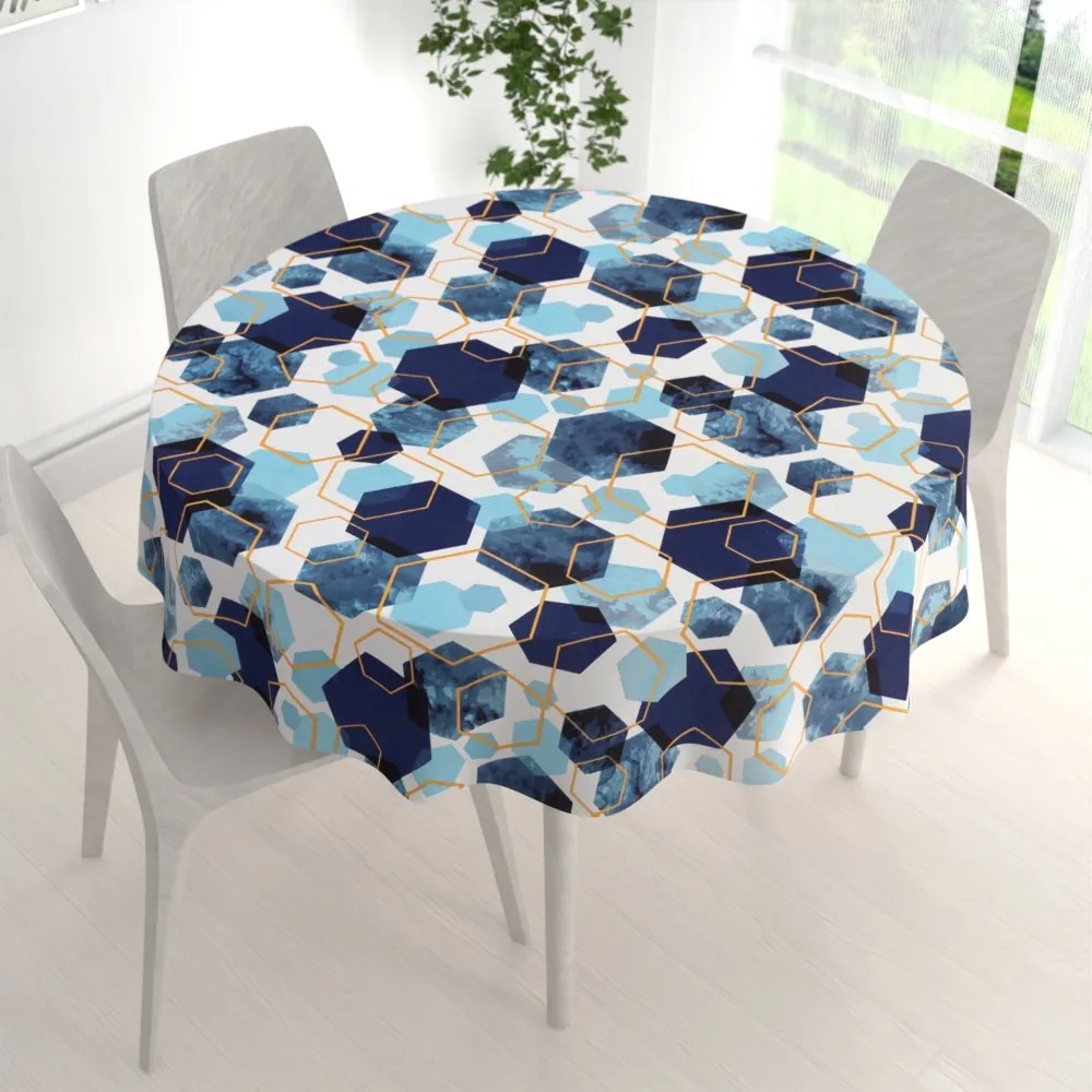 Biante Bavlnený okrúhly obrus Sandra SA-574 Modré hexagóny na bielom Ø 110 cm