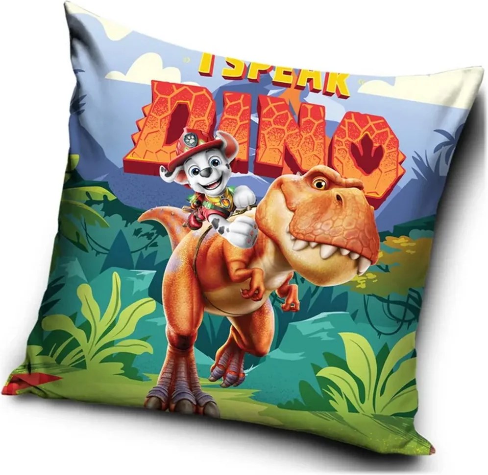 Velúrový vankúš Labková patrola: Dinosaurí film - Paw Patrol: The Dino Movie – motív Marshall a dinosaurus - 40x40 cm
