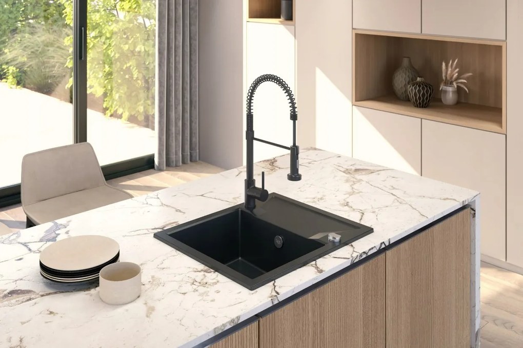 Sink Quality Obsidian, kuchynský granitový drez 590x500x210 mm + zlatý sifón, biela, SKQ-OBS.W.1KKO.XG