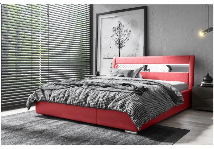 Čalúnená posteľ s úložným priestorom a osvetlením 160x200 LEXI - červená ekokoža