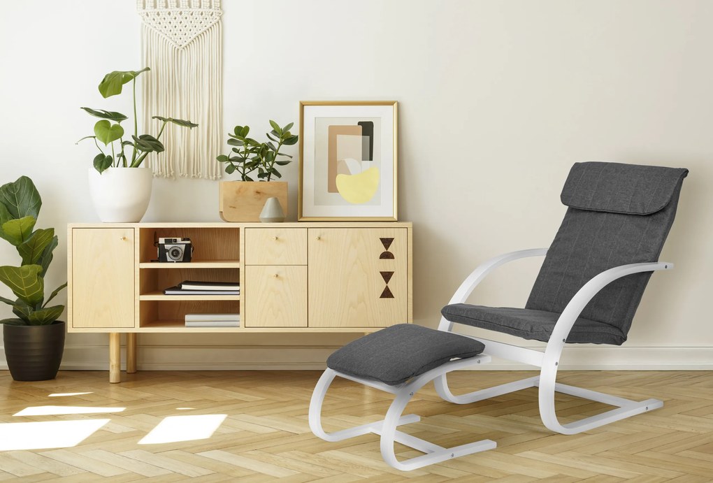 Fínske hojdacie kreslo s opierkou na nohy, sivo/biele, ModernHome