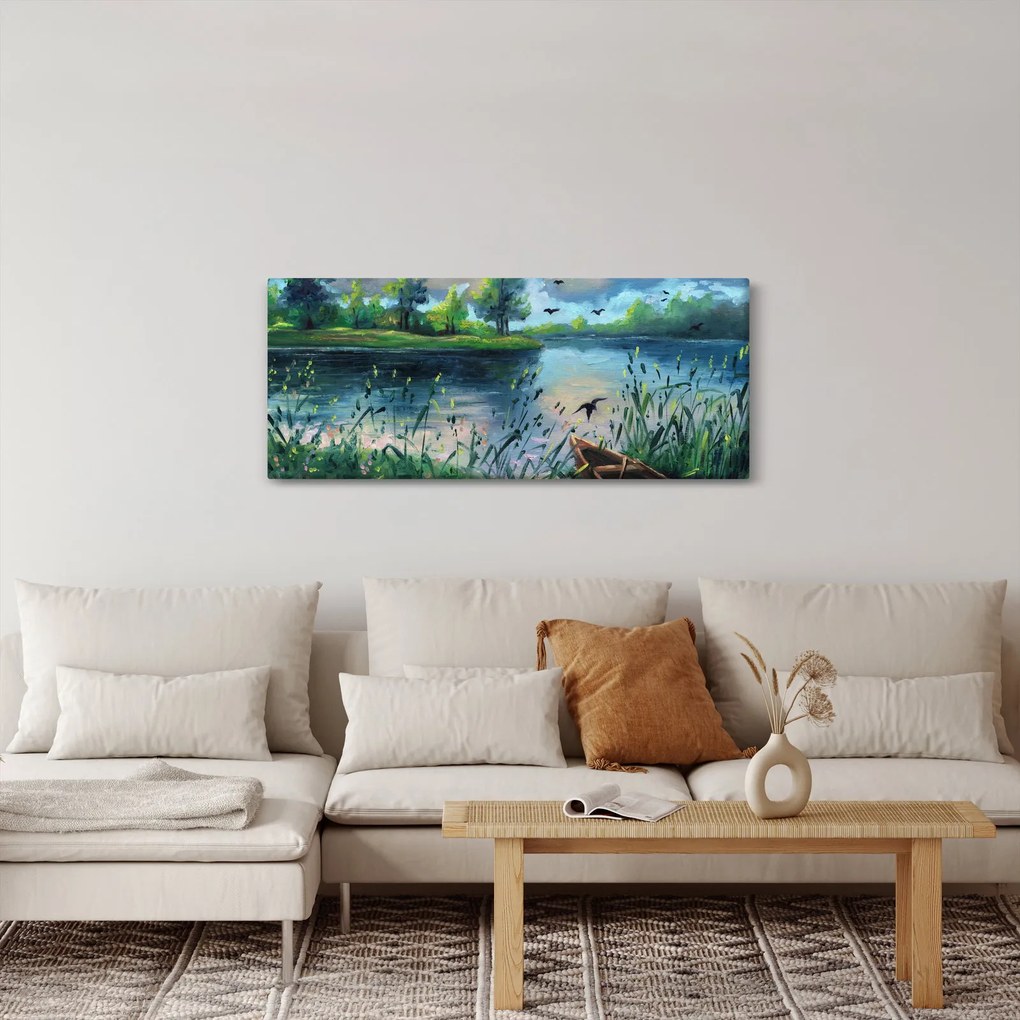Obraz - Olejomaľba, Letný podvečer pri jazere (120x50 cm)