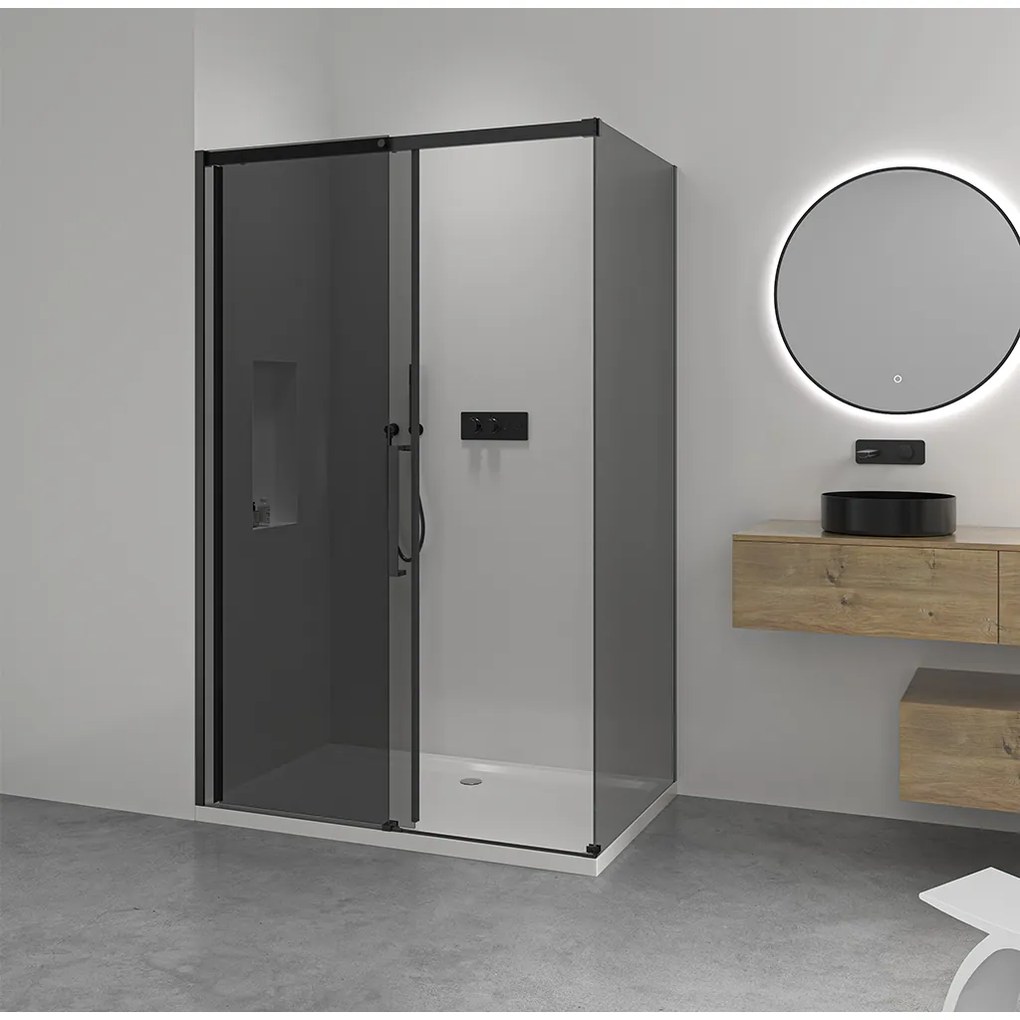 CERANO - Sprchovací kút Lantono L/P - 8 mm - čierna matná, grafitové sklo - 100x90 cm - posuvný, CER-CER-8050BD7513