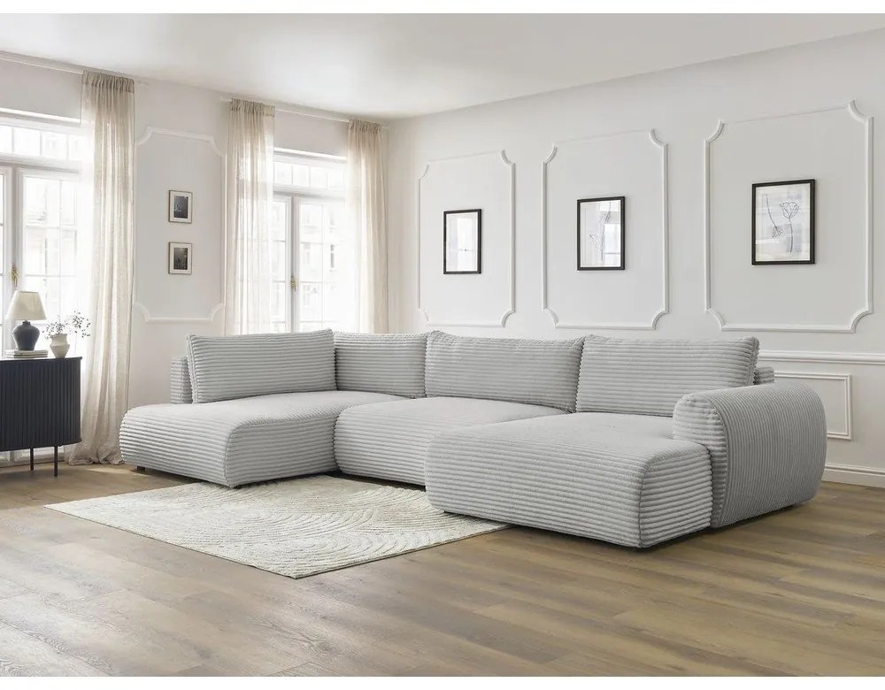 Svetlosivá menčestrová rozkladacia/s úložným priestorom rohová pohovka (ľavý roh/do tvaru "U") Lucien – Bobochic Paris