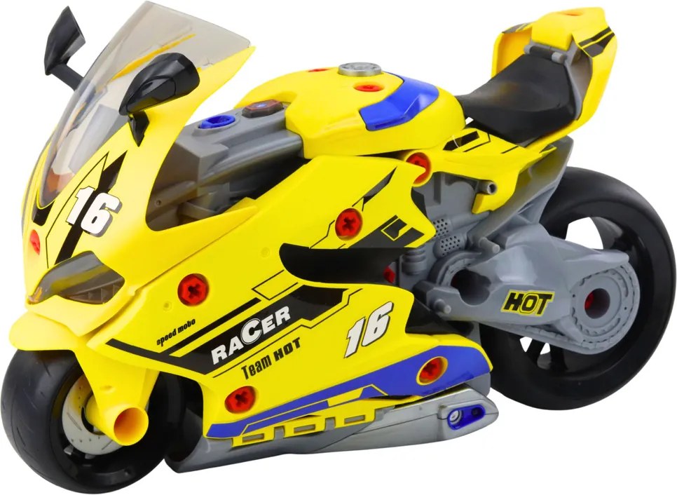 LEAN Toys Motocykel 2v1 DIY dielenské svetlá Zvuky Dymová žltá 43cm