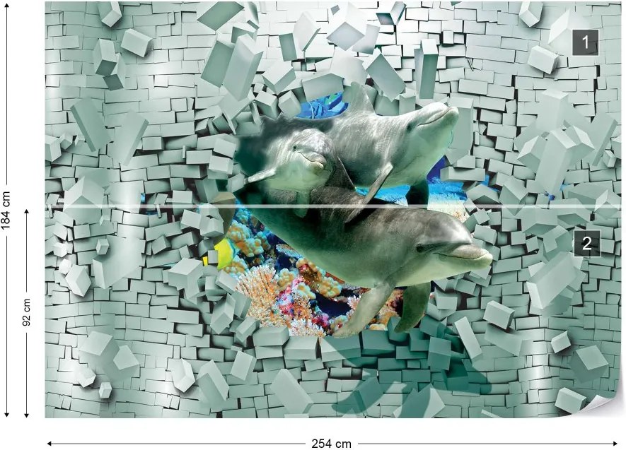 Fototapeta GLIX - 3D Dolphins Bursting Through Brick Wall + lepidlo ZADARMO Vliesová tapeta  - 254x184 cm