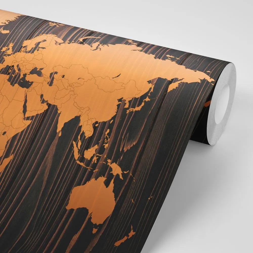 Samolepiaca tapeta oranžová mapa na dreve - 150x100