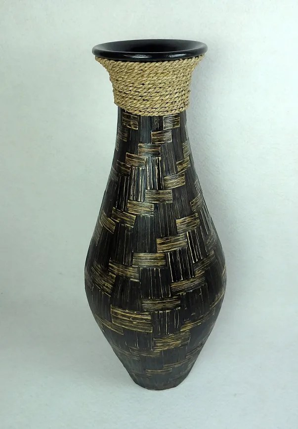Váza hnedá NATURE 5 - tmavá, keramika, pravé listy, ručná práca, Indonézia