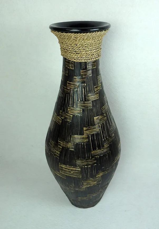Váza NATURE 5 - tmavá, keramika, pravé listy, ručná práca, Indonézia