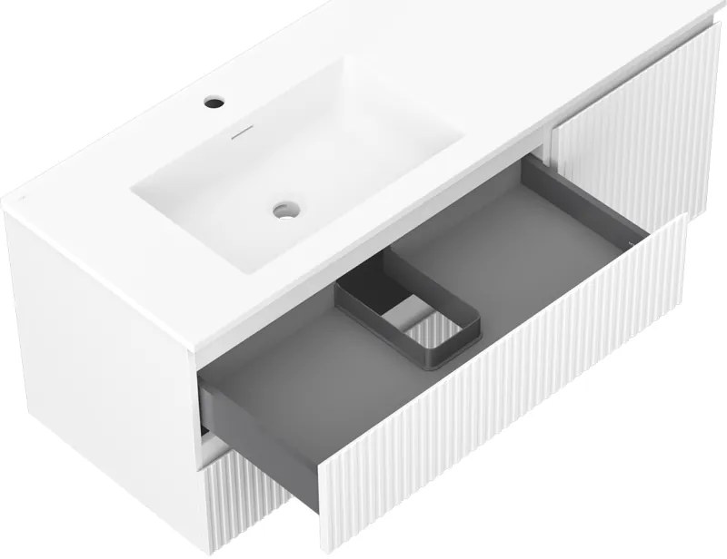 Mexen Rivel, kúpeľňová skrinka 120 cm s ľavým umývadlom Otis, 2S, 1D, drážkovaná, biela matná, 91A23-12047-3-BBFFF01-W18L01