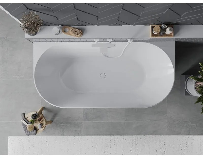 Mexen Oval Slim, voľne stojaca vaňa ku stene, 170 x 80 cm, biela-šedá, biely prepad, 52661708062-20
