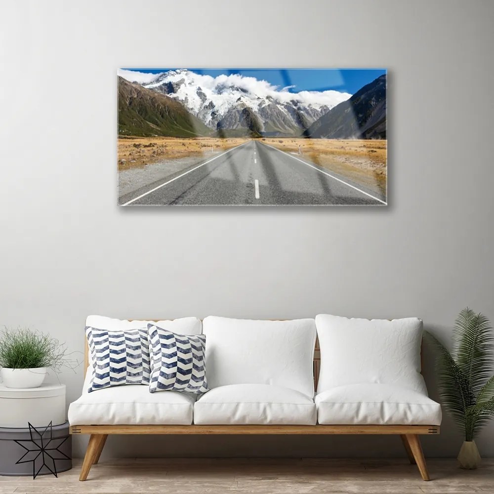 Obraz na skle Cesta hory sneh krajina 125x50 cm
