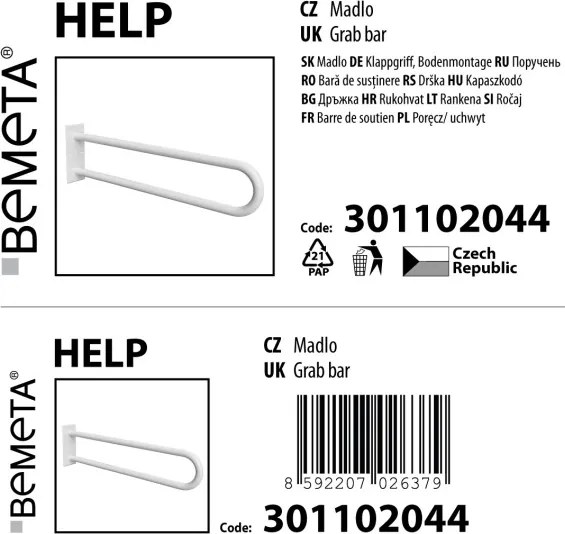 Bemeta Design HELP: Madlo, 850 mm, v tvare U, bez krytky, biela - 301102044