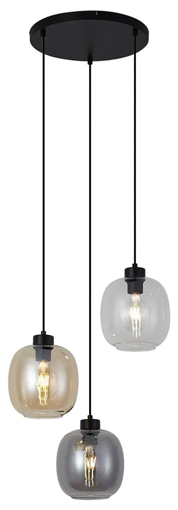 Závesná lampa čierna s jantárovým, dymovým a čírym sklom 3-Lights - Elena
