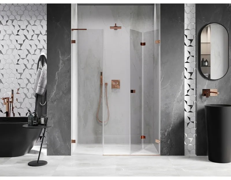 Mexen Lunar-F, L pravé sklápacie sprchové dvere 145 cm, 8mm číre sklo, ružové zlato profil, 836SL-145-050-60-00-P