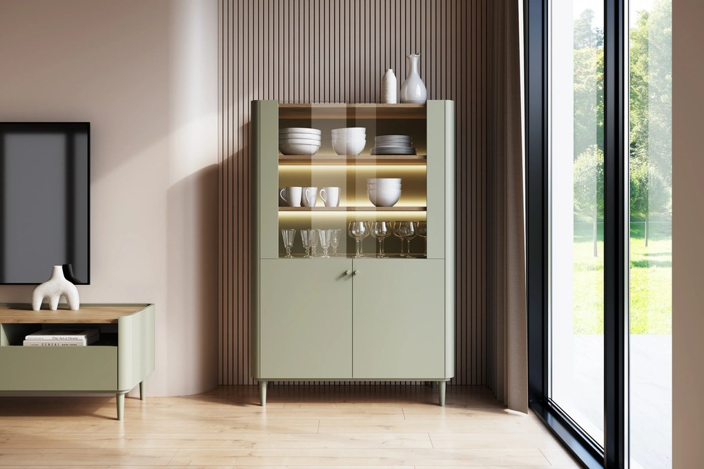 Vitrína Elivo 100 cm dvojdverová na nožičkách - eukalyptus / dub baltic dune