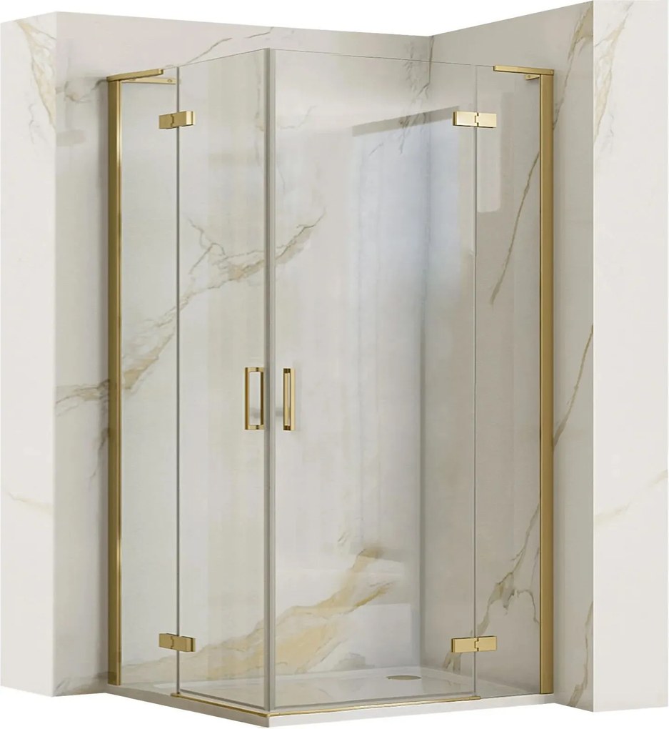 Štvorcový sprchovací kút REA HUGO DOUBLE GOLD BRUSH 100x100, zlatý kartáčovaný/transparent - bez vaničky