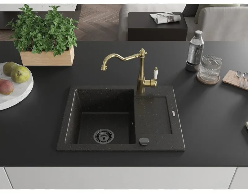 Mexen Enzo, granitový drez 576x465x174 mm, 1-komorový a drezová batéria Carla, čierna-zlatá metalíza, 6506-75-670700-50-B
