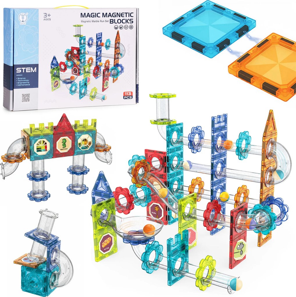 MULTISTORE Magnetické kocky 113 dielov s LED guličkovou dráhou – 3D stavebnica pre deti 3+