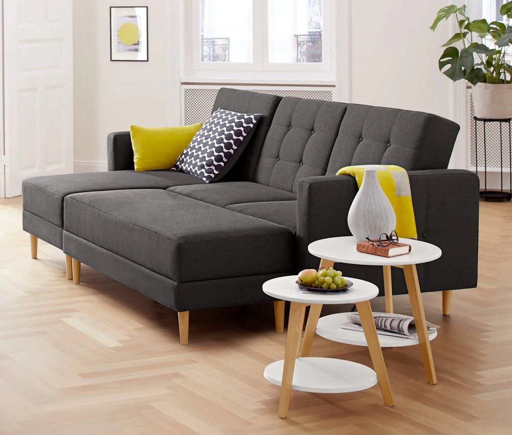 Rohová pohovka na spanie s pružinovým jadrom a lavicou s úložným priestorom