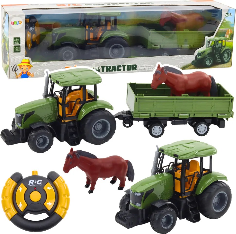 LEAN Toys Súprava traktora s prívesom a koňom, diaľkovo ovládaná RC