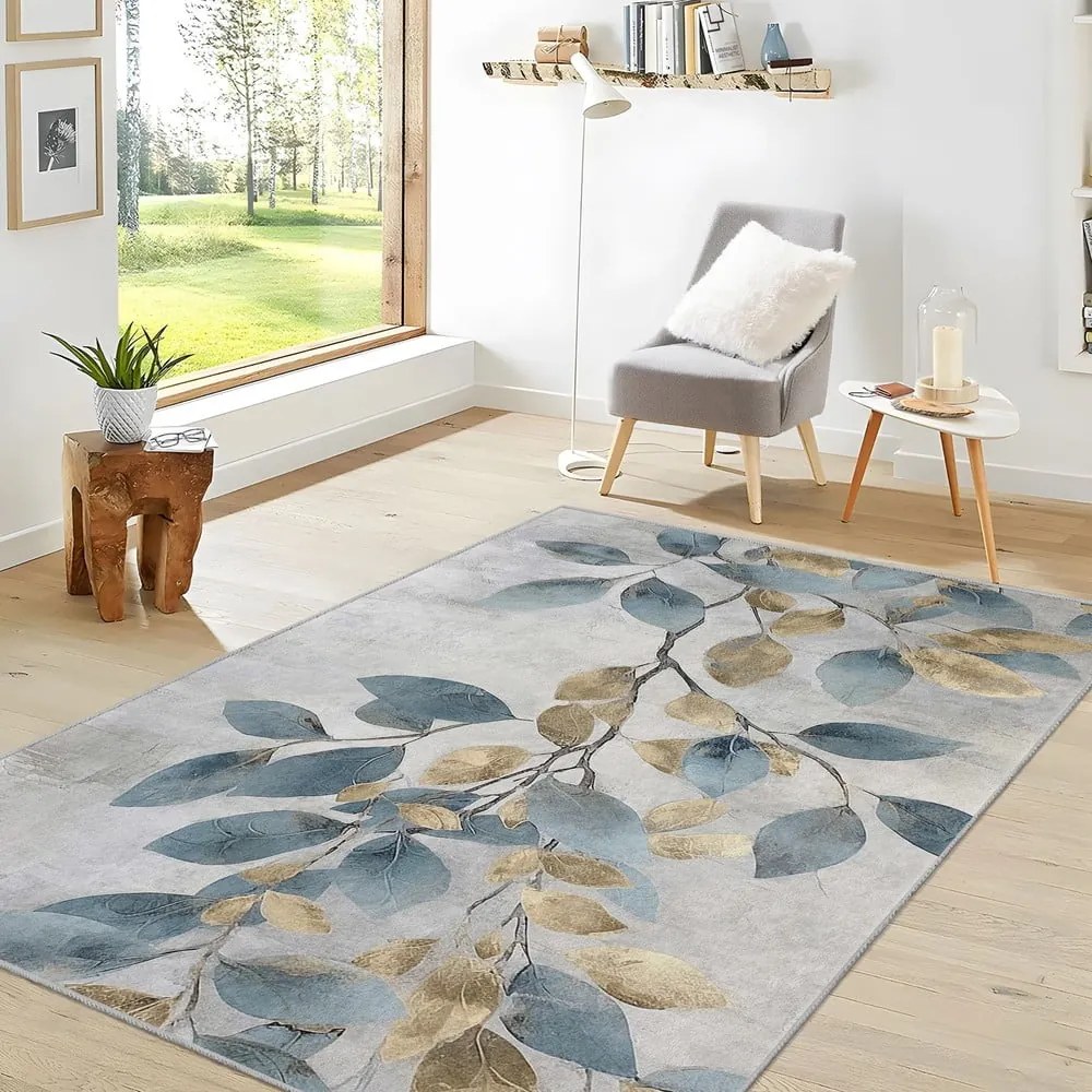Prateľný koberec vo svetlomodrej a zlatej farbe 160x230 cm Golden Leaves – Mila Home