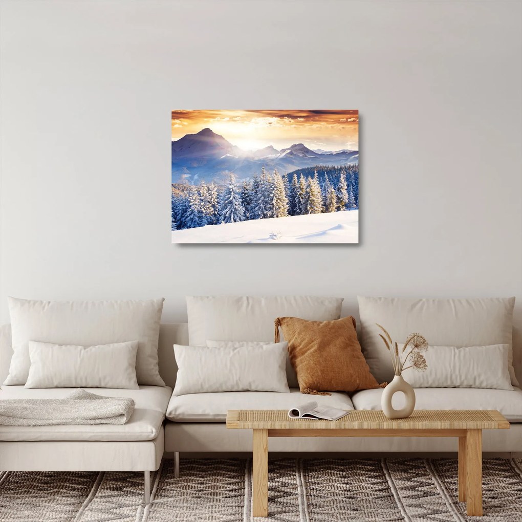 Sklenený obraz - Horská krajina v zime (70x50 cm)