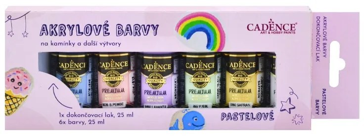 Akrylové farby na kamienky Cadence, súprava 6 ks a akrylový lak, 25 ml - pastelové