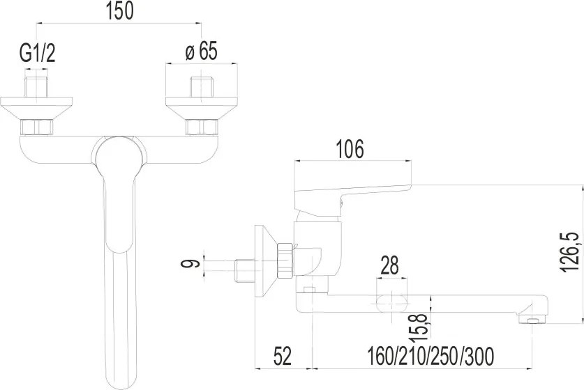 Mereo Zuna, drezová nástenná batéria, 150 mm, s ramienkom plochým rovným 300 mm, chróm, MER-CB30206Z