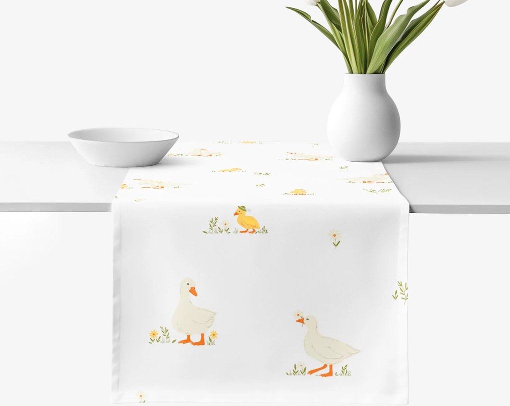 Goldea veľkonočný behúň na stôl 100% bavlnené plátno - kačice 20x120 cm