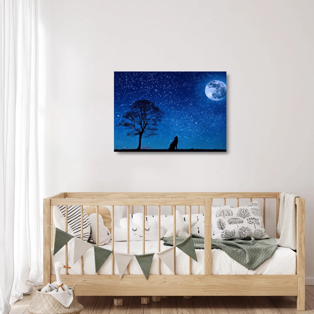 Sklenený obraz vlka vyjúci na mesiac (70x50 cm)