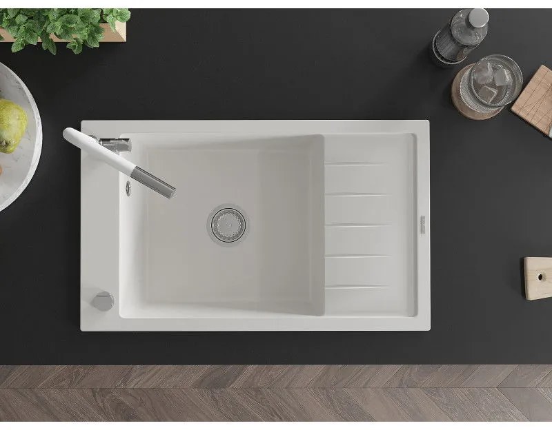 Mexen Elias, 1-komorový granitový drez 795x480x200 mm a drezová batéria Flora, biela, 6511-20-670401-02